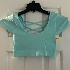Aerie Aqua Ribbed Crop Top with Crisscross Back